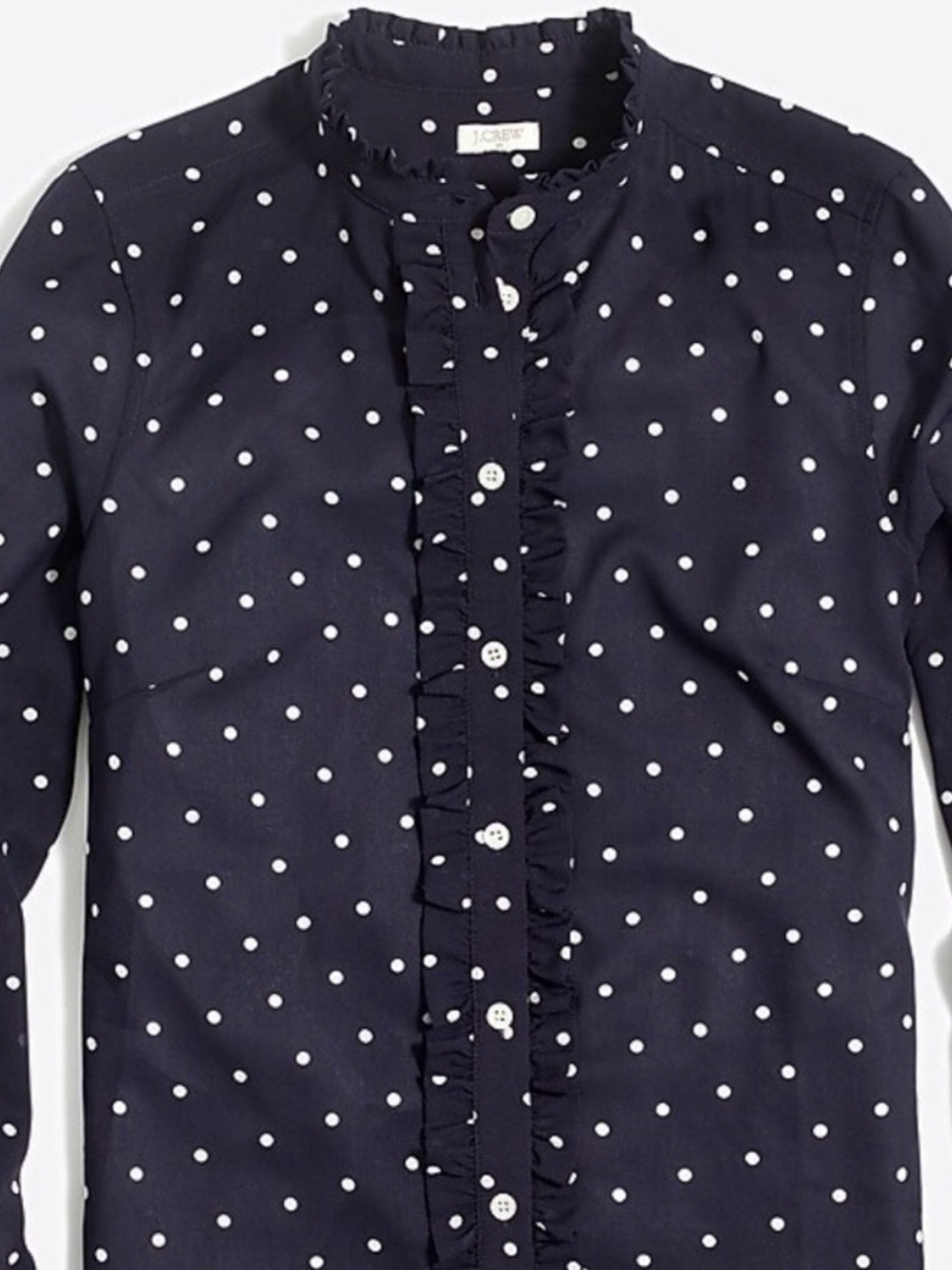 J. Crew navy Blue Polka Dot Button Down Ruffle Blouse